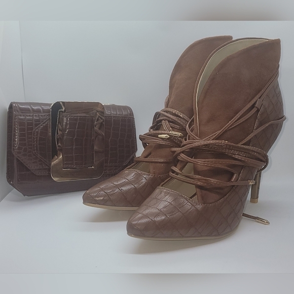 BROWN, croc print, lace tie bootie, 4 inches - Picture 3 of 3